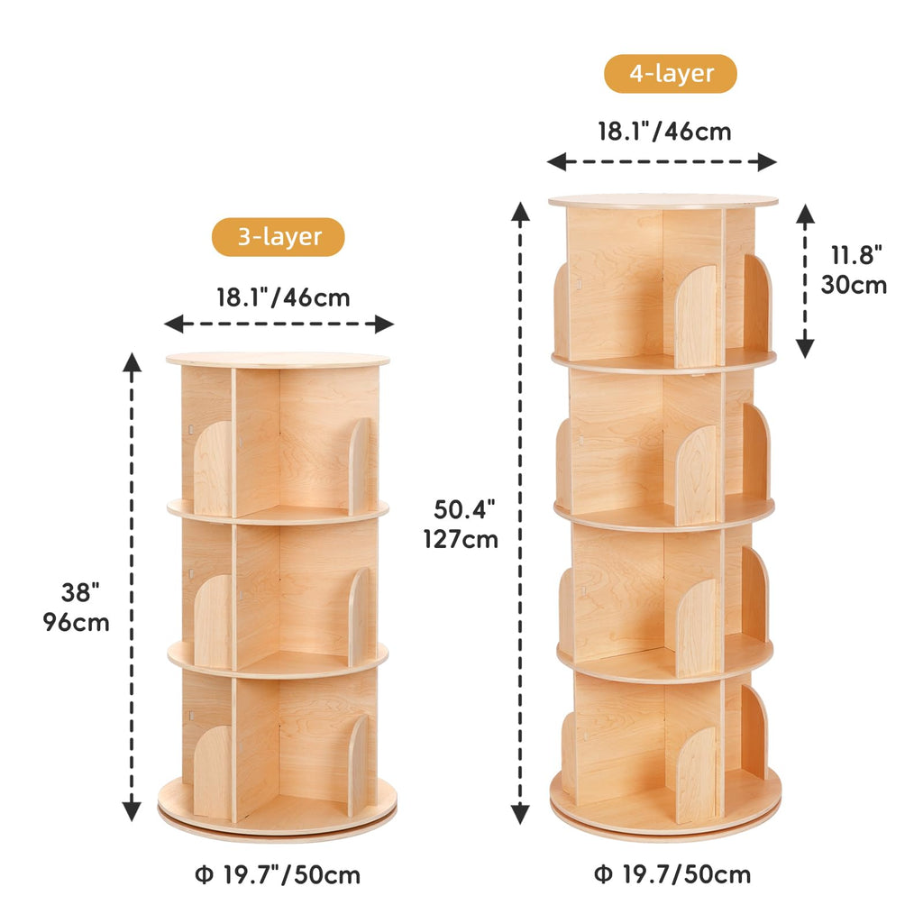 4-Tier Rotating Bookshelf Tower, 360°Display Wooden Spinning Bookcase