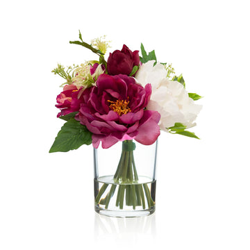 Artificial Flowers in Glass Vase with Fake Water, Silk Peony Flower Bouquet Dinning Tea Table, Office Desktop, Hotel