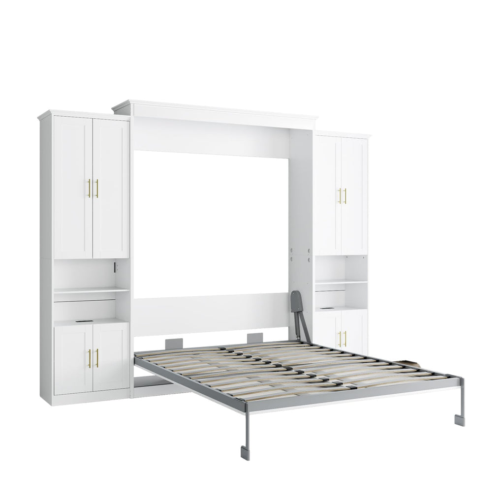 Murphy Bed Full with 2 Side Cabinets, USB Port, Shelves, White
