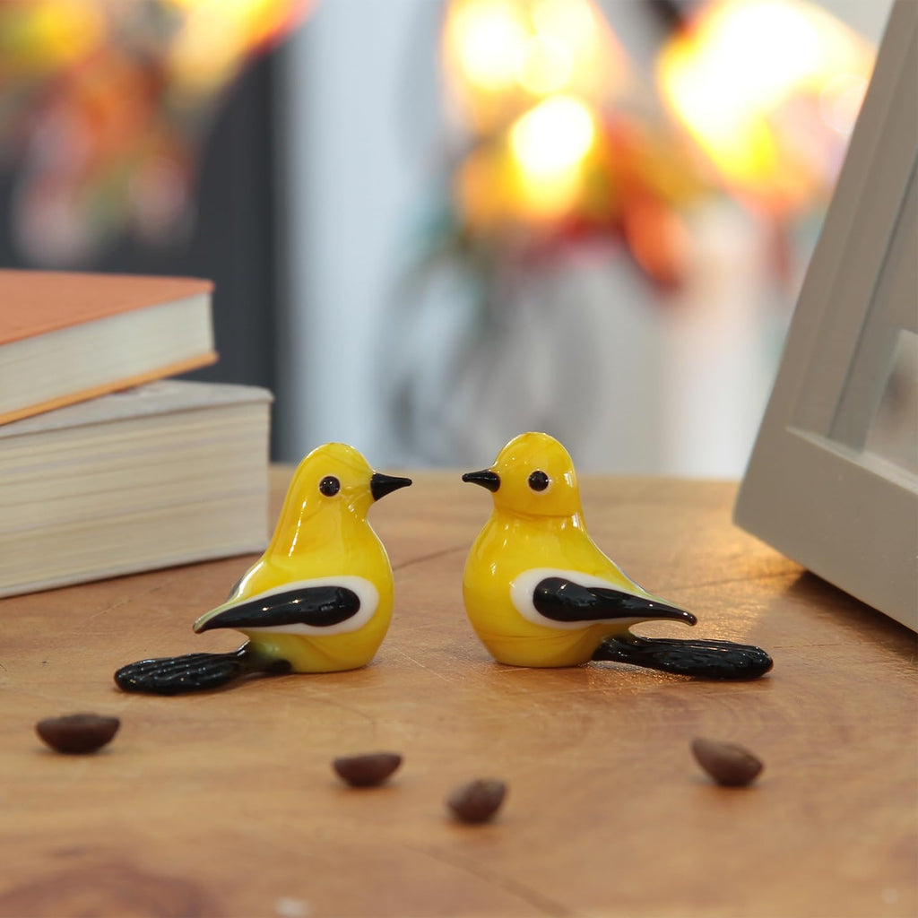 Murano Style Art Glass Animal Figurines Yellow Pair of Birds Miniature - Set of 2