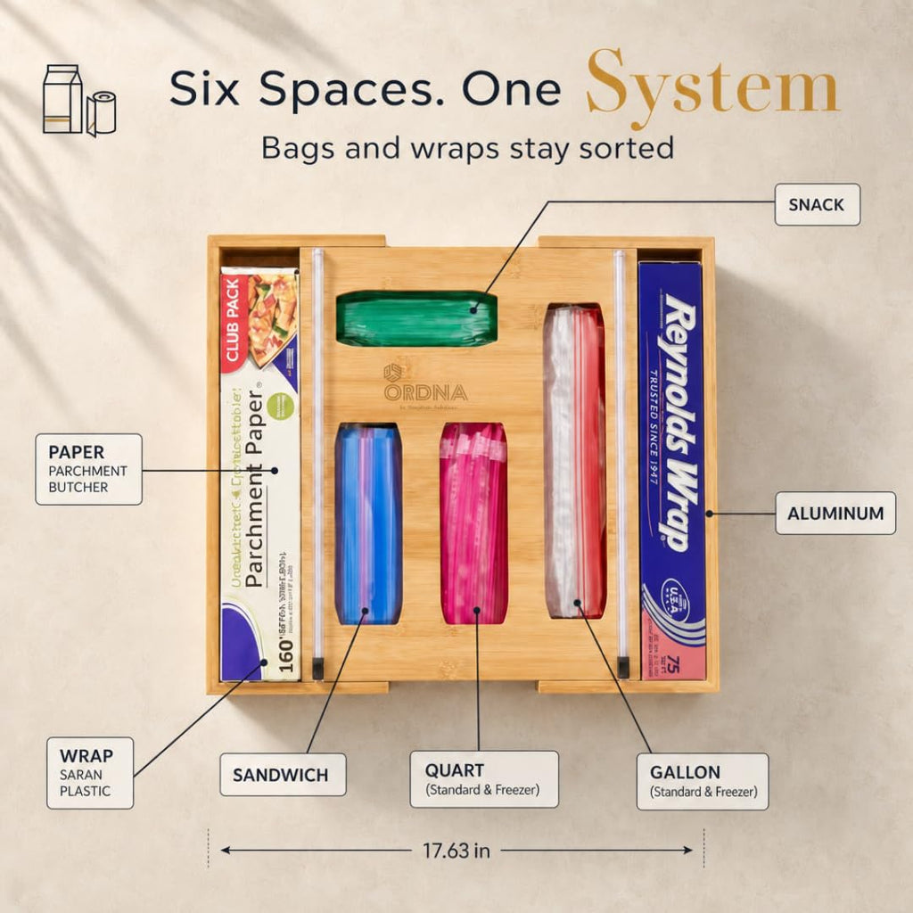 3" Slim 6-in-1 Expandable Storage Bag Organizer Kitchen Drawer - Bamboo Baggie Organizer for Drawer, Aluminum Foil &