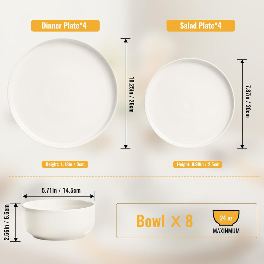 Plates and Bowls Sets, 24 Pieces Ceramic Dinnerware Set for 8, Stoneware Dishware Dishes Set