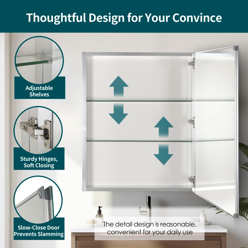 Medicine Cabinet with Mirror, 24 Inch x 30 Inch Aluminum Mirror Cabinet with Single Door, Bathroom Medicine Cabinet