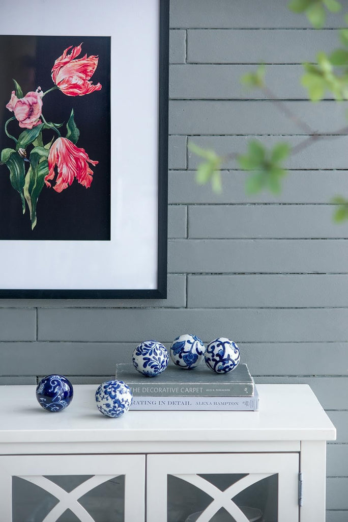 Set of 6 Porcelain Decorative Spheres - Handcrafted Traditional Blue and White Floral Orbs Decor, Tabletop Accent