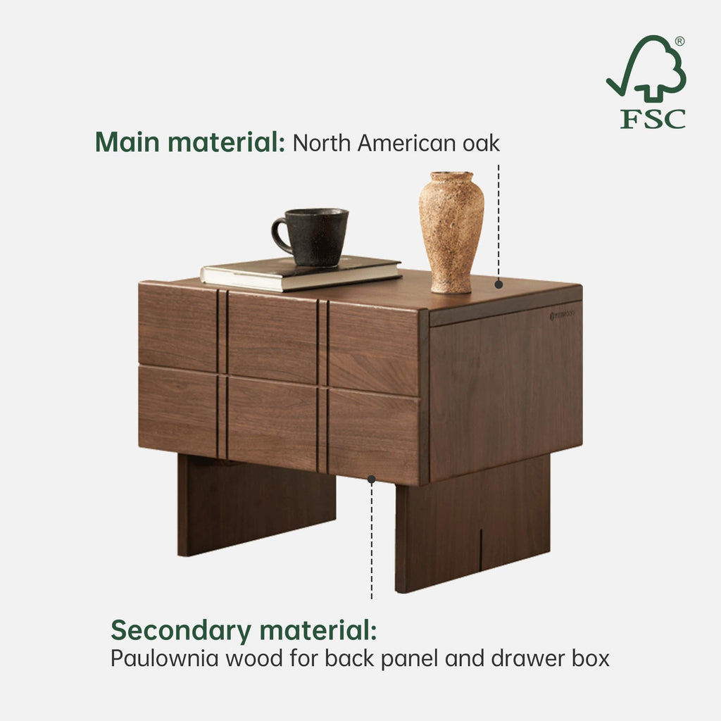 Solid Walnut Nightstand with Drawers, Mid Century Modern Nightstands, Low Profile Night Stand for Low Bed, Fluted