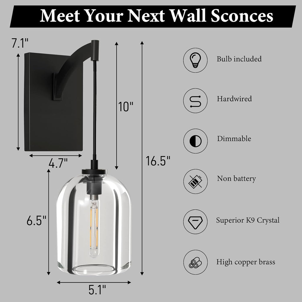 Crystal Brass Hemisphere Wall Sconce - Set of 2 Black Brushed Dimmable Sconces with Bulbs - Modern Hanging Light
