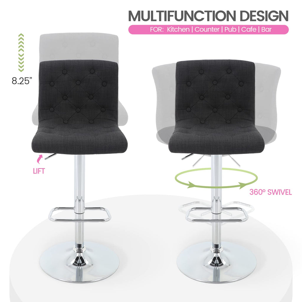 Tufted Fabric Bar Stools Set of 2 with Back, Charcoal Black