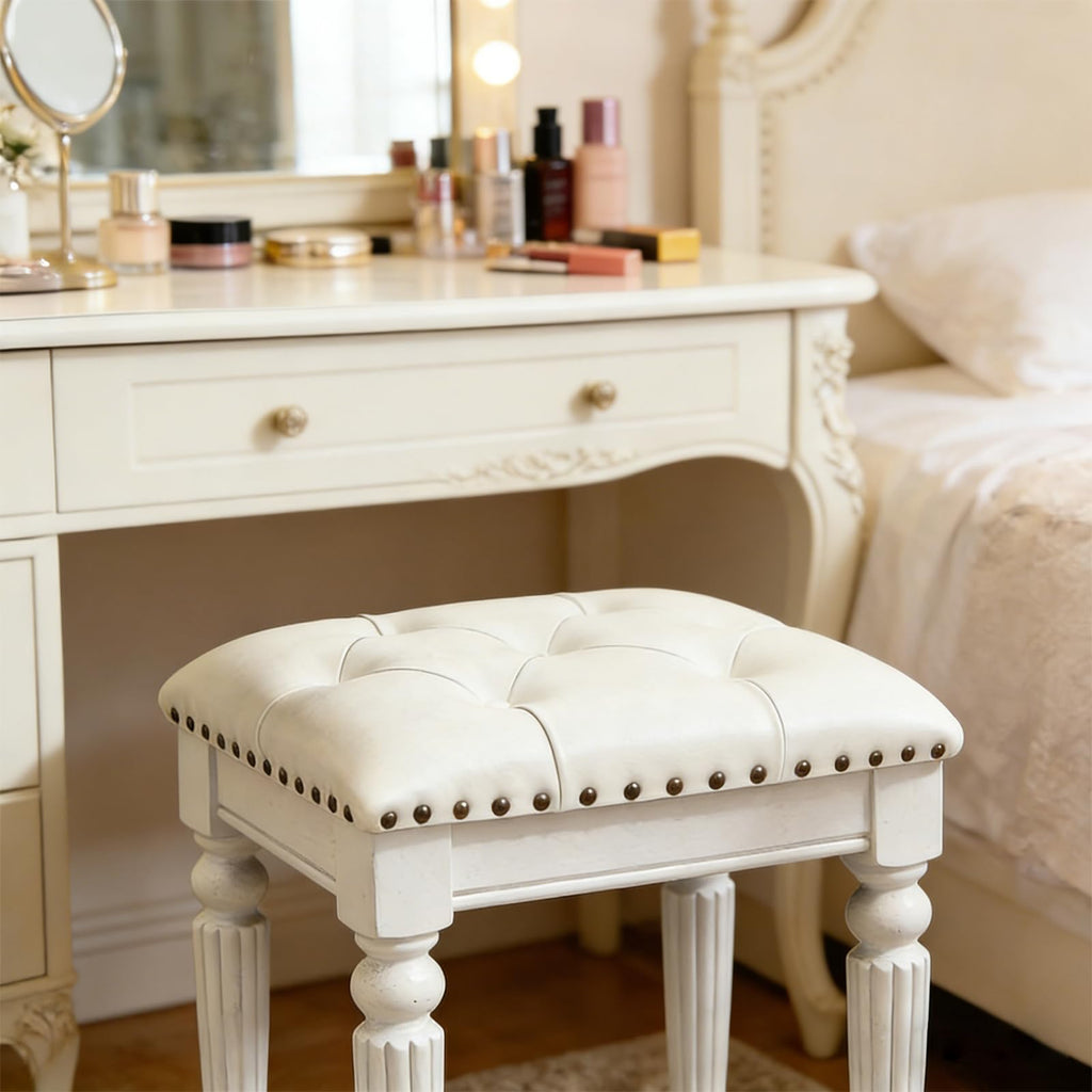 Vanity Bench Seating, Victorian Backless Vanity Stool, White Faux Leather