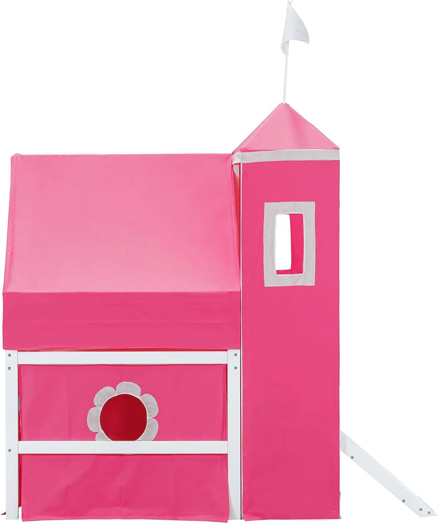 Castle Loft Bed with Slide & Tent and Tower, Playhouse Design Spacious Under Bed Space with Curtains, Wood Tent Bed