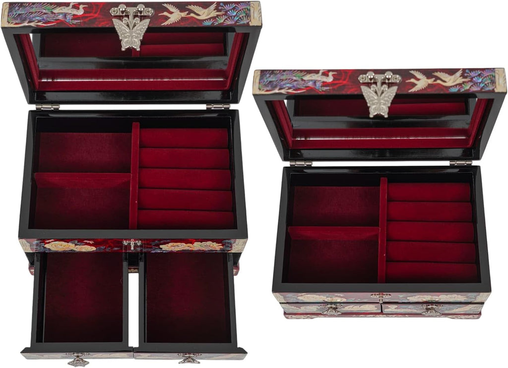 Korean Mother of Pearl Jewelry Box - 2-Drawer Keepsake Box with Mirror, Traditional Oriental Trinket Organizer - Gift
