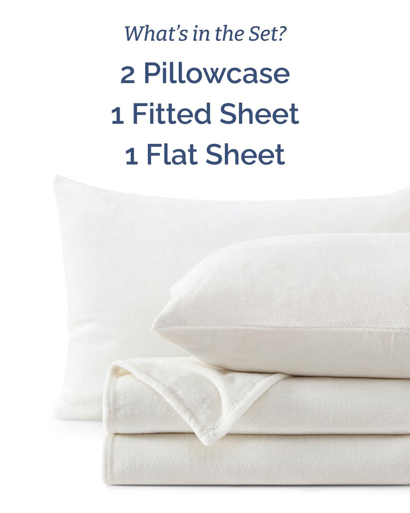 Fleece Sheets Queen Size Set - 4-Piece Velvet Flannel Sheet Set - Ivory