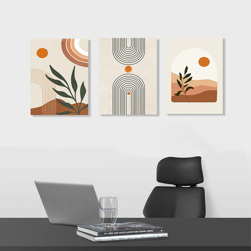 Boho Wall Art Set of 3, MidCentury Modern Wall Prints Framed Canvas Paintings Minimalist Abstract Geometric Beige