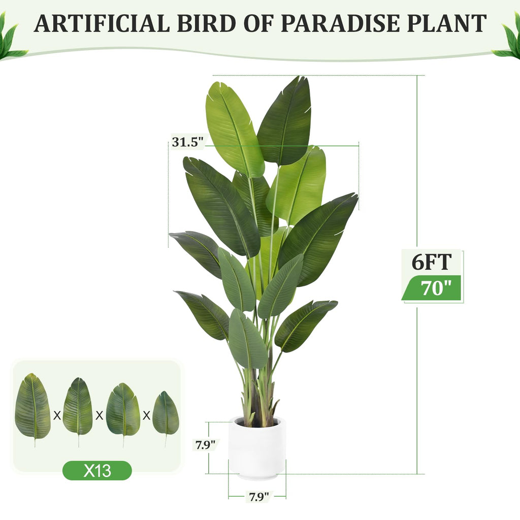 Artificial Bird of Paradise Plant 6Ft Tall Fake Tropical Palm Tree Large Fake Plants with 13 Silk Banana Leaves Faux