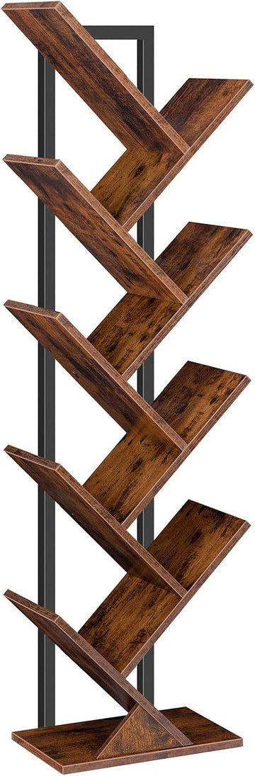 Tree Bookshelf, 9-Tier Bookcase Wooden Shelves, Floor Standing Storage Rack, for Display of CDs, Books