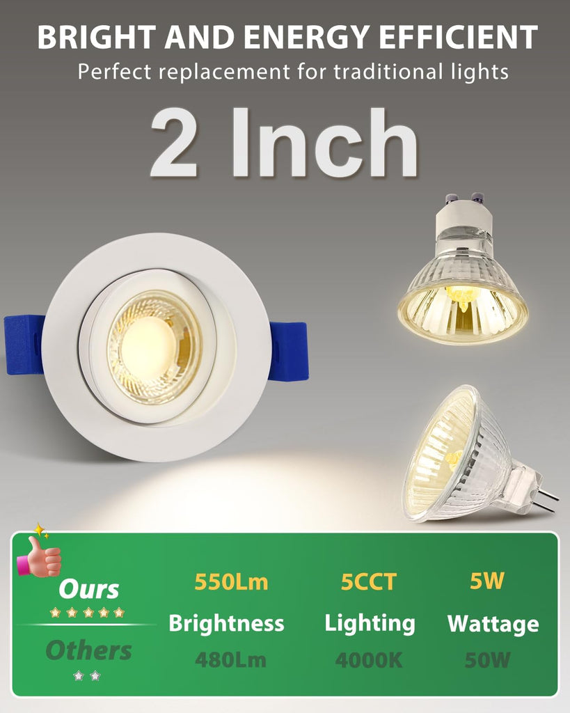 2 Inch Gimbal LED Recessed Lights, 5CCT, 5W 550LM, White 4 Pack