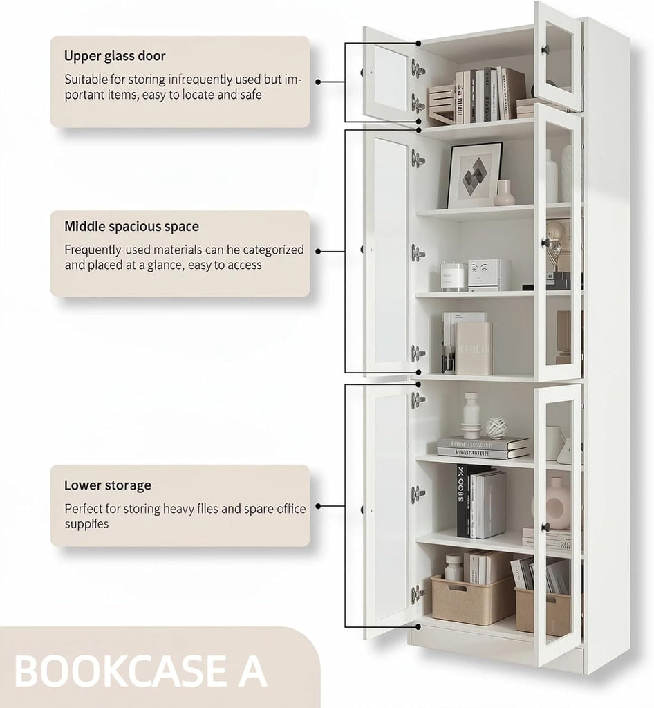 85.5" Modern Bookcase with Glass Doors Set of 4, 7-Tier Tall Wooden Bookshelf with Storage , Large Curio Cabinet