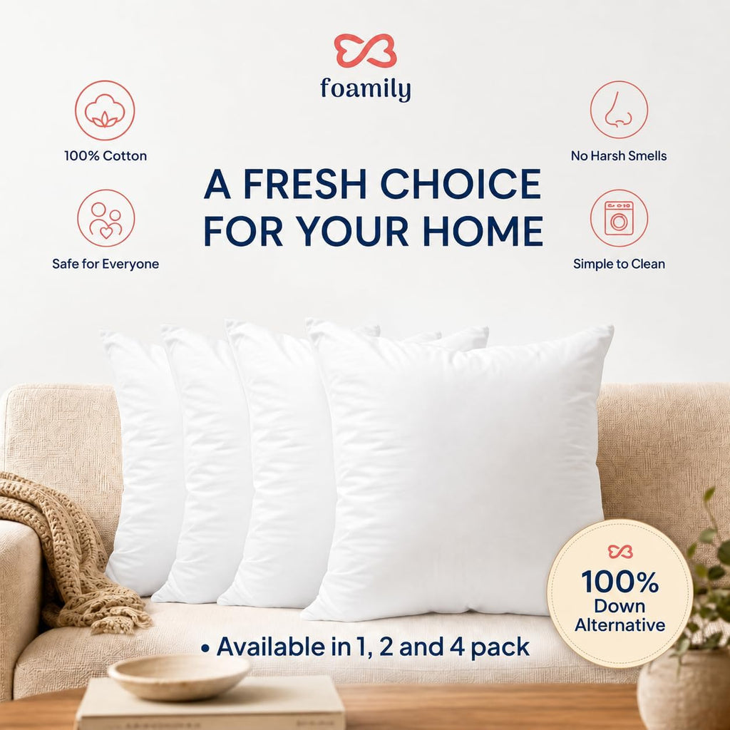 18x18 Throw Pillow Inserts, 100% Cotton Cover, White - Set of 2