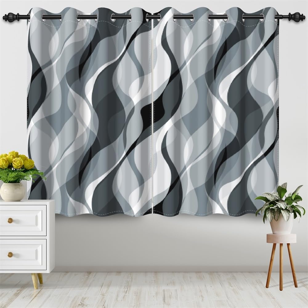 Blue Grey Wave Lines Window Curtains Abstract Art Aesthetic Gradient Blackout Curtains Geometric Thermal Insulated