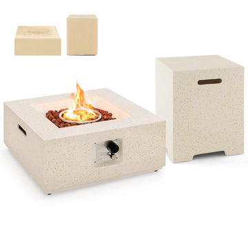 28 Inch Patio Propane Fire Pit Table with Hideaway Tank Holder, 40, 000 BTU Terrazzo Gas Fire Table with Lava Rocks