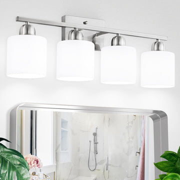 4 Light Bathroom Light Fixtures, Anti-Rust Finish Brushed Nickel Vanity Lights with Milky White Frosted Glass Shade