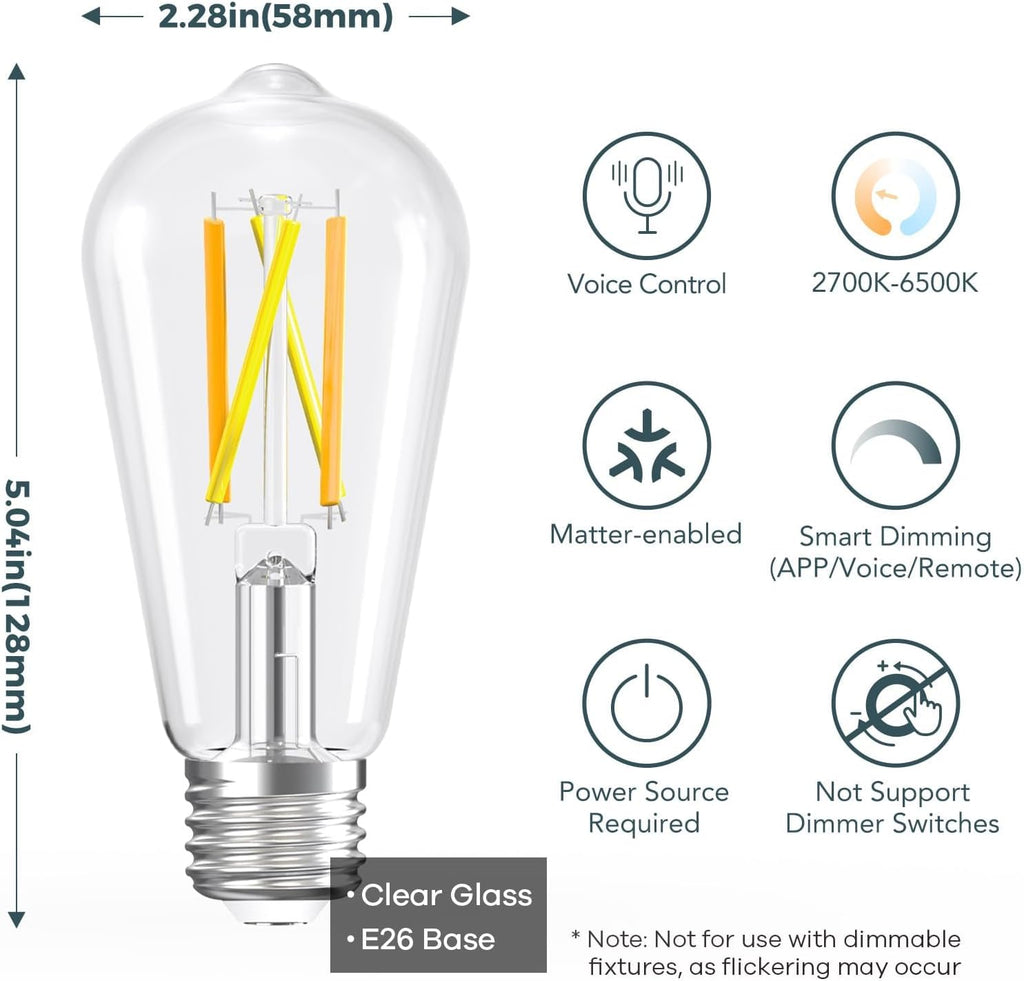 Matter Smart Edison Light Bulbs, ST19 (58) Vintage Bulbs, 4 Pack