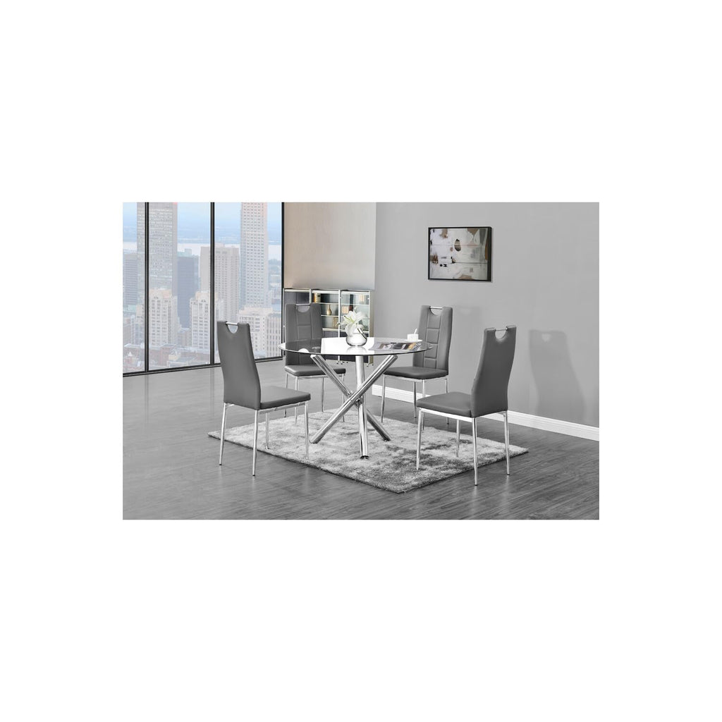 Trevi 5-Piece Round Glass Top Modern Dining Set with 4 Armless Faux Leather Chairs with Padded Cushions and Chrome