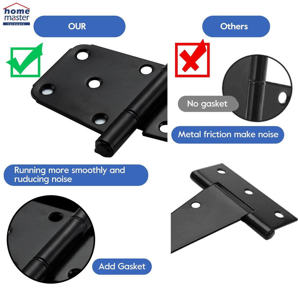 6" Heavy Duty Gate Hinges, 4 Pack T-Strap Hinge, Black