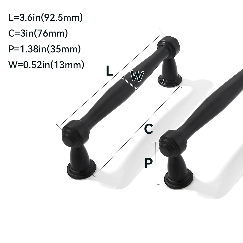 10 Pack 3inch(76mm) Center to Center Black Cabinet Pulls Handles for Cabinets Cupboard Solid Heavy Duty Matte Black