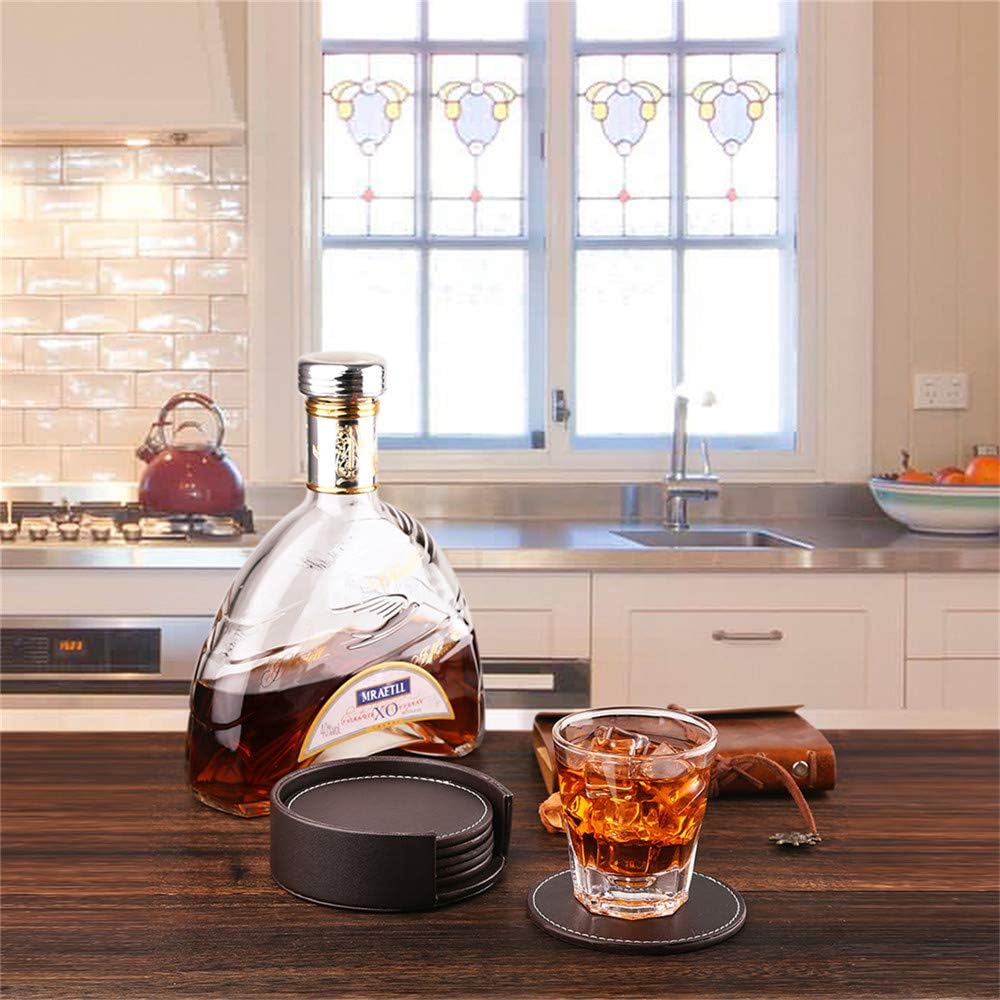 Coasters for Drinks, Leather Coasters with Holder,Protect Furniture from Damage(, Brown) - Set of 6