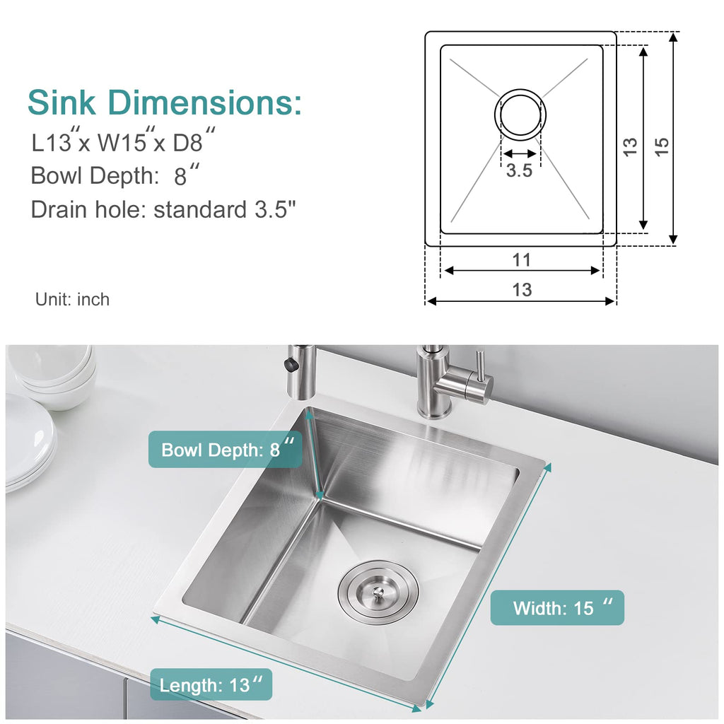 Small Drop Sink - 13"×15" Single Bowl Undermount Sink