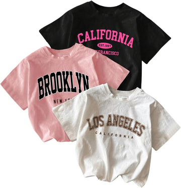 Girl's 3 Packs T Shirts Set Letter Graphic Tees Summer Tee Shirt