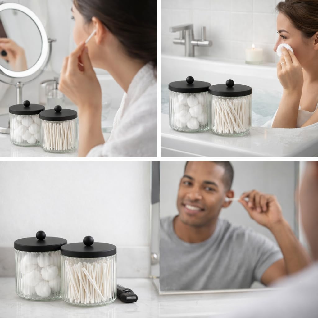 2-Pack Glass Qtip Holder Dispenser Set - Bathroom Canister Storage Organizer for Cotton Balls, Swabs, Floss Picks