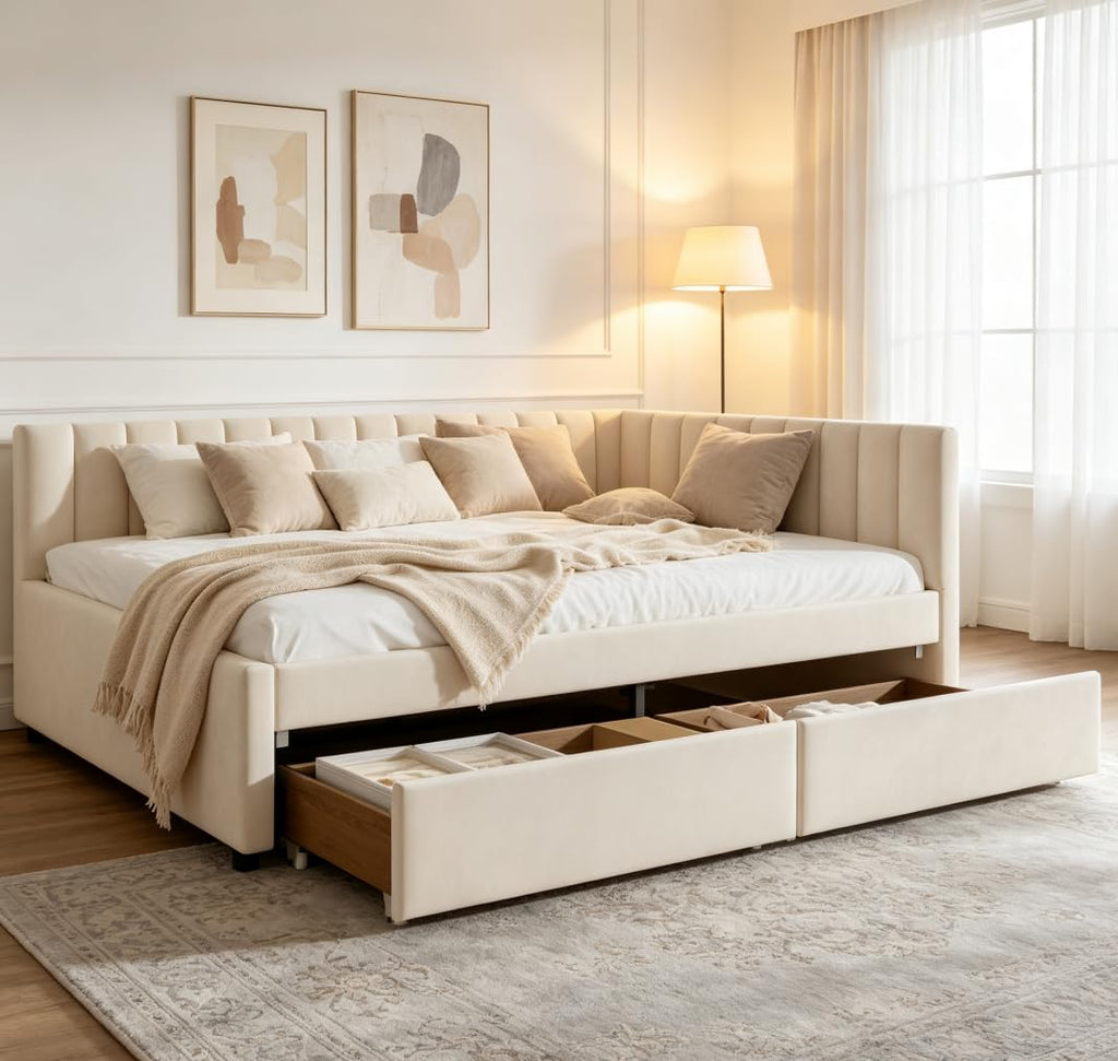 Full Corner bedframe with 2 Drawers, Upholstered daybed with Storage, L-Shape daybed Living Room, Beige + Velvet