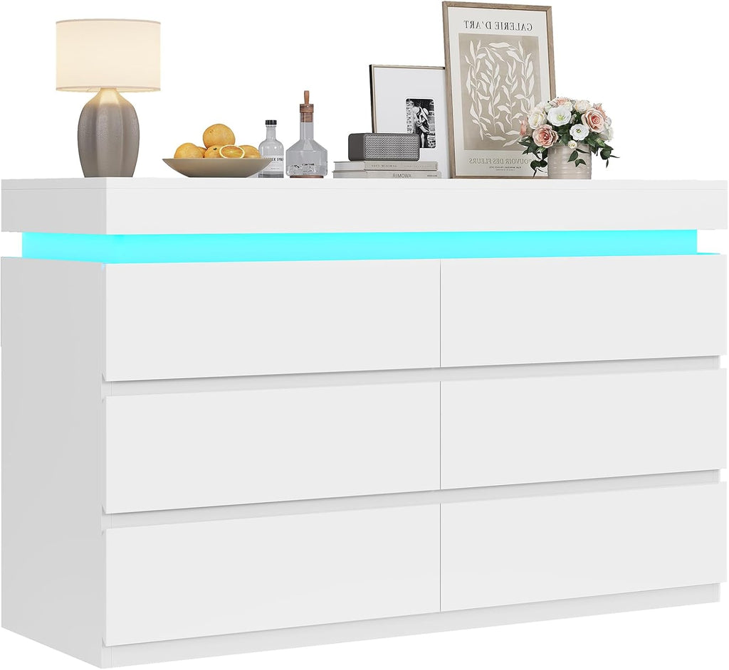 6 Drawer Dresser with LED Light, White Modern Chest of Drawers ,Closet Dressers with Drawers