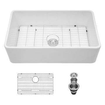White Farmhouse Sink 33 Inch - Farm Sink 33x20 Inch Flat White Apron Front Ceramic Porcelain Fireclay Single Bowl