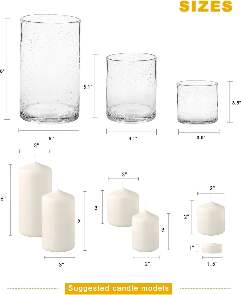 Glass Candle Holders Set, 3 Sizes 8" 5" 3.5" Height | Hurricane Vase Centerpieces, Clear Seeded Bubbles Cylinder For