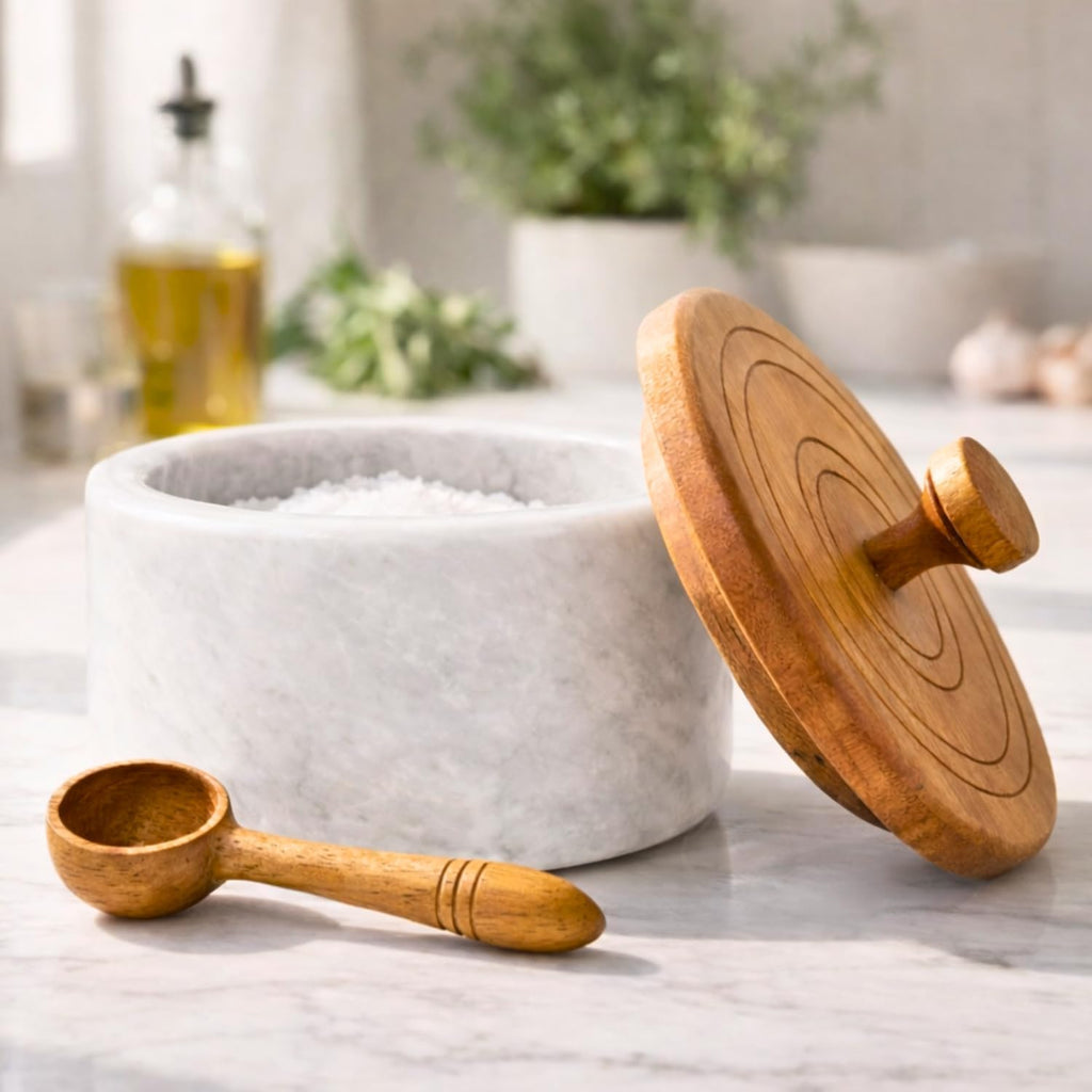 Marble salt cellar with lid and spoon, salt container with spoon, salt bowl with acacia wood lid, salt holder