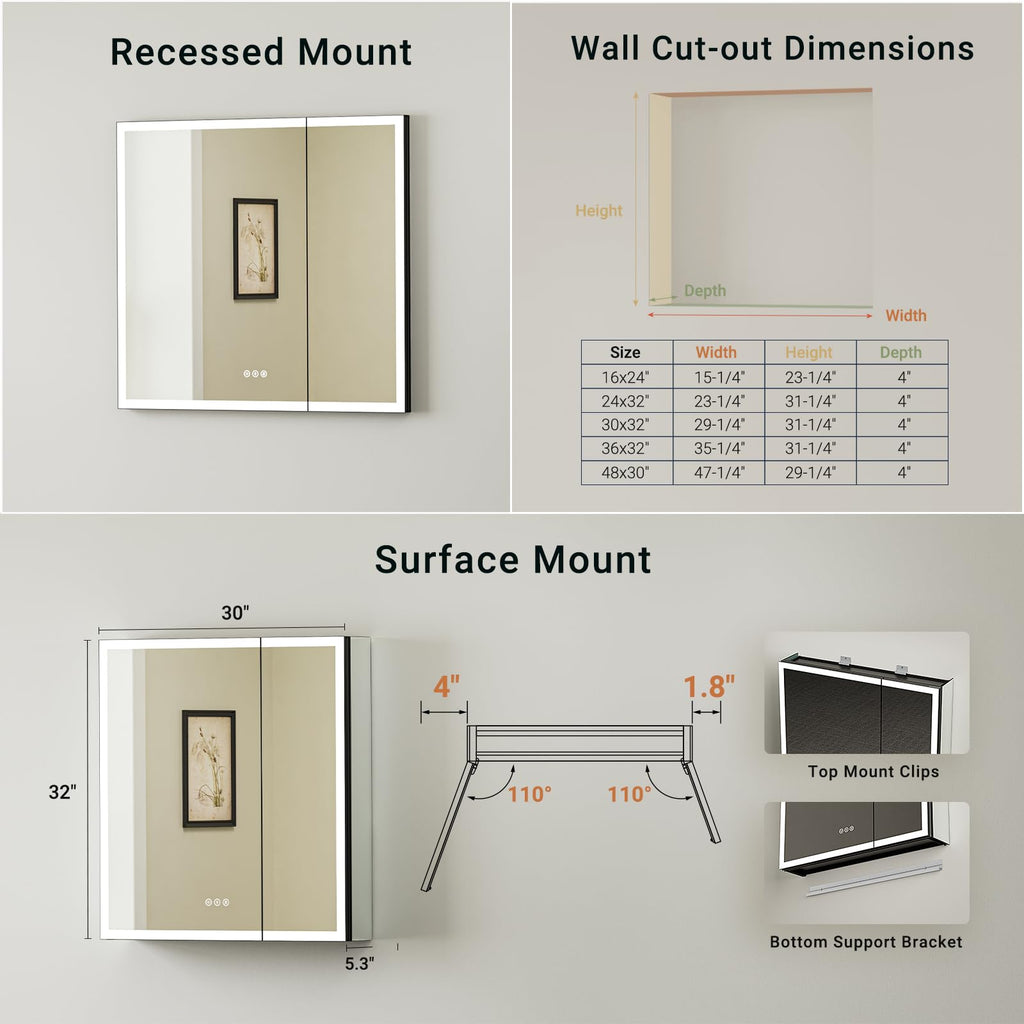 30x32 Two Doors Black Led Medicine Cabinet Mirror