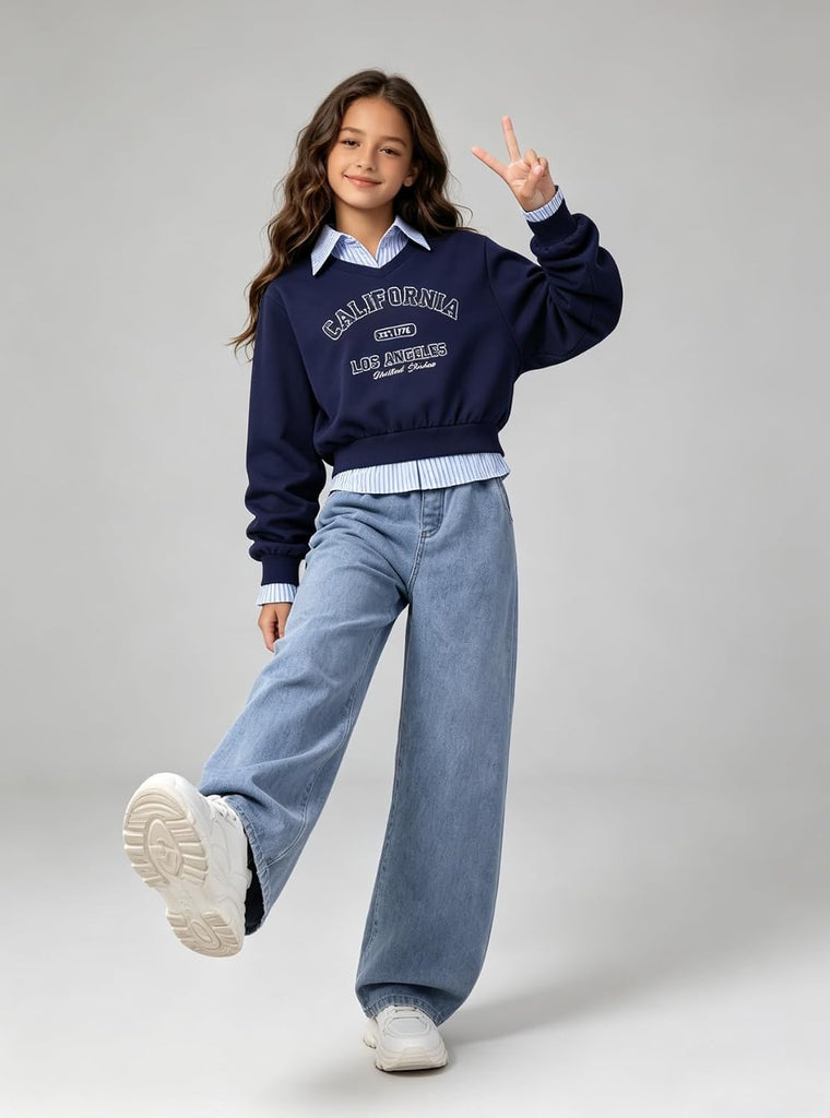 Clothes Spring Fall Spliced Fake Two Piece Long Sleeve Top & Denim Pants 2PCS Set Girl Outfits