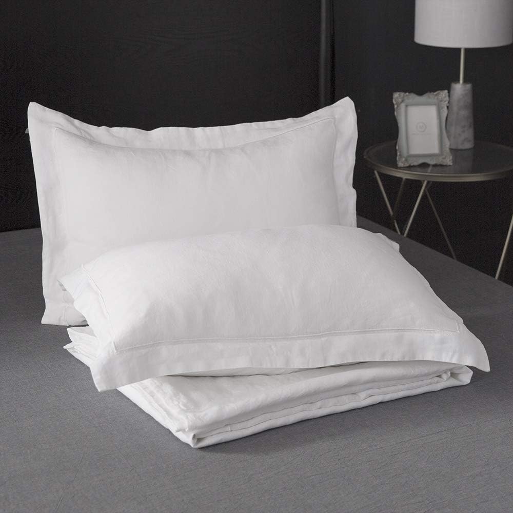 100% French Flax Linen Duvet Cover Set with Embroidery Washed - 3 Pieces (1 Duvet Cover with 2 Pillow Shams) with