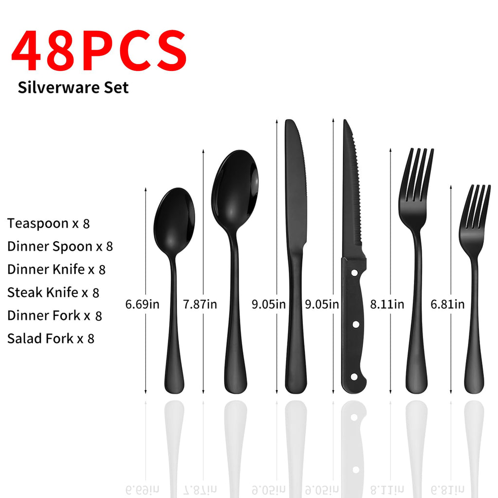 Black Silverware Set for 8 with Steak Knives, Stainless Steel Flatware Set, 18/8 Food Grade Cutlery Set
