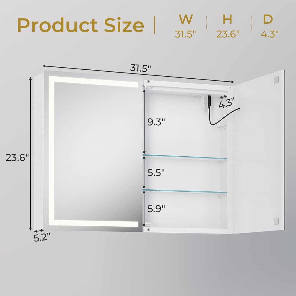 Bathroom Medicine Cabinet with Mirror and LED Light, Wall Mounted Bathroom Mirror with Storage, 2 Doors Bathroom Wall