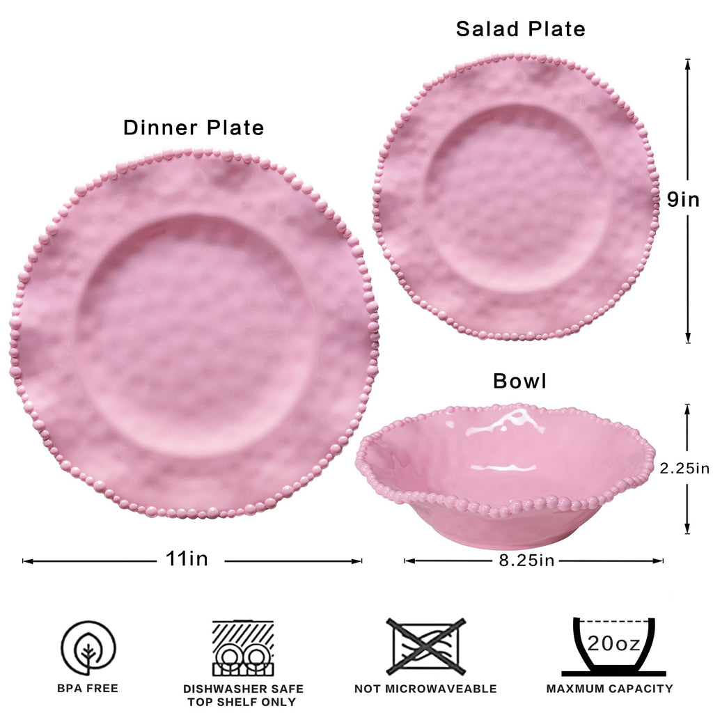 Pink Dishes Melamine Dinnerware Sets, 18 Piece Kitchen Plates and Bowls tableware Set, Lightweight, BPA free Beaded