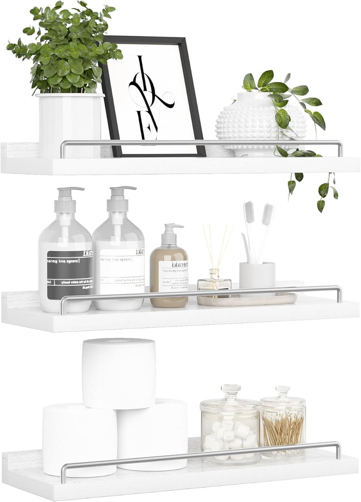 Floating Shelves for Wall Decor, White and Grey Shelves , Picture Frames, Plants, Kitchen (Set of 3)