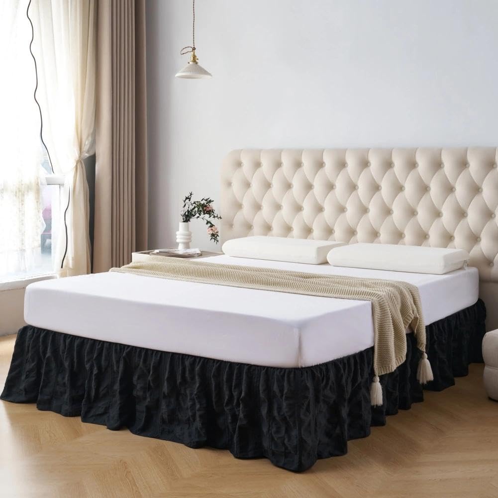 Bed Skirt, Crinkle Textured Stripe Bed Skirt with Platform, Black