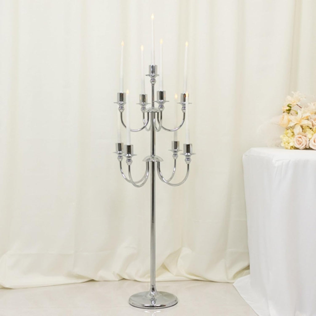 9-Arm Silver Metal Floor Candelabra Candle Holder, Vintage Classic Taper Candlestick Stand for Wedding, Party and