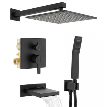 Shower System with Tub Spout, All Metal Black Bathtub Shower Faucet Set with High Pressure 10 Inch Rain Shower Head