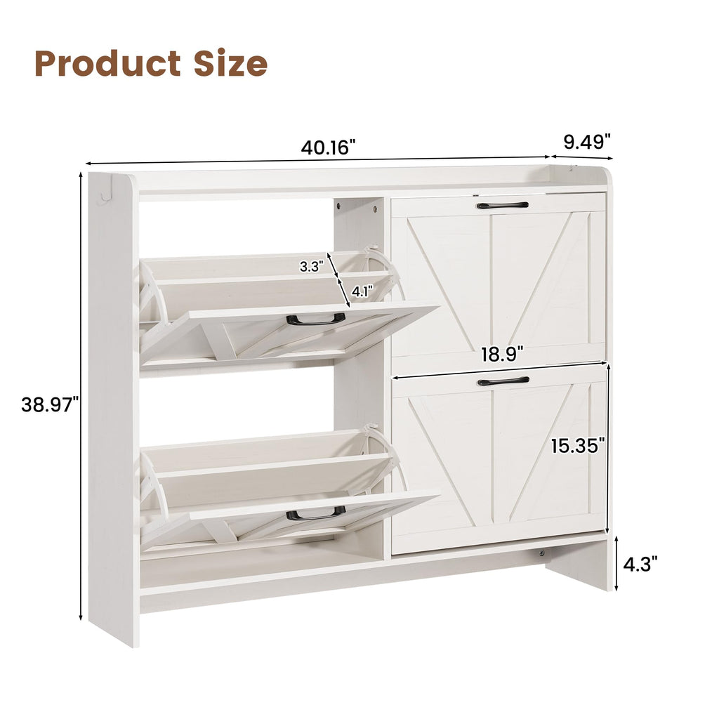 Farmhouse Shoe Storage Cabinet with 4 Flip Drawers, Shoe Rack Cabinet with Wooden Legs&Adjustable Shelves