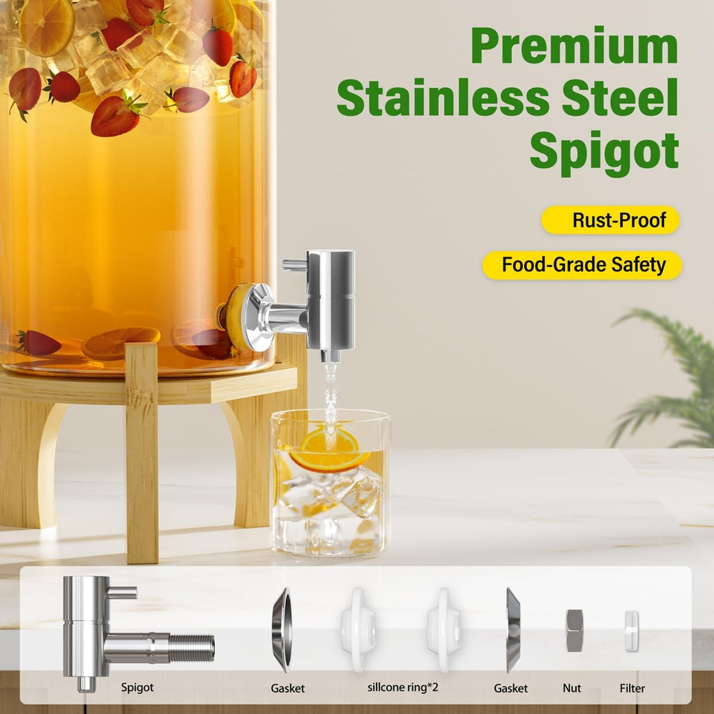 1 Gallon Glass Drink Dispenser For Parties, Beverage Dispenser With Bamboo Wood Stand And Stainless Steel Spigot