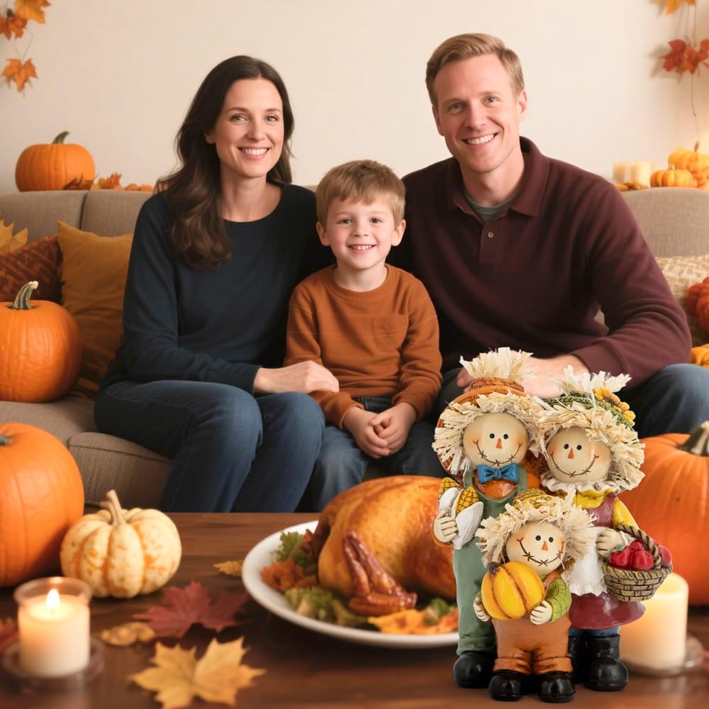 Fall Scarecrow Family Figurine, Autumn Harvest Thanksgiving Decor